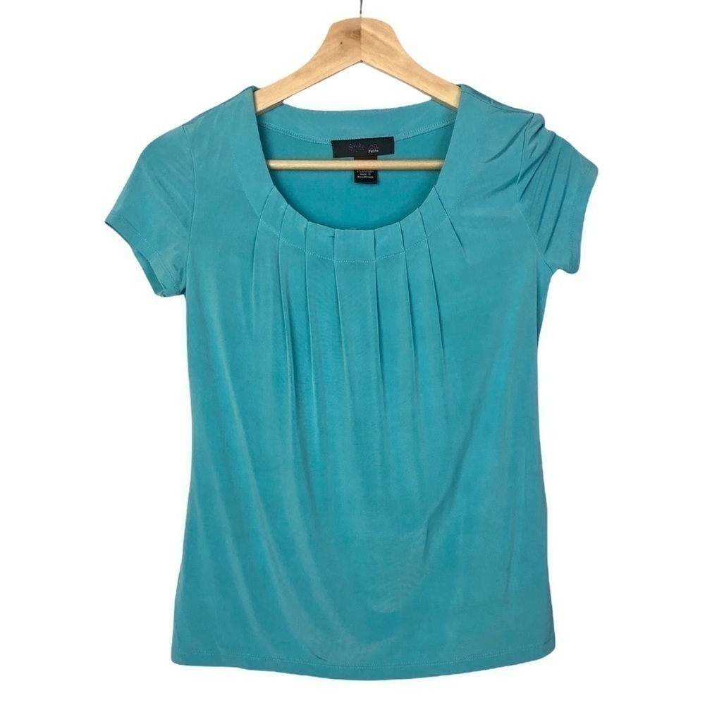 Style & Co‎ Petite Blue Cap Sleeve Pleated Scoop Neck Blouse S